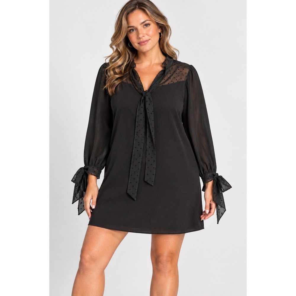 Zara Black Swiss Dot Mesh Tie Neck Mini Dress Long Sleeve Large Parisian Chic